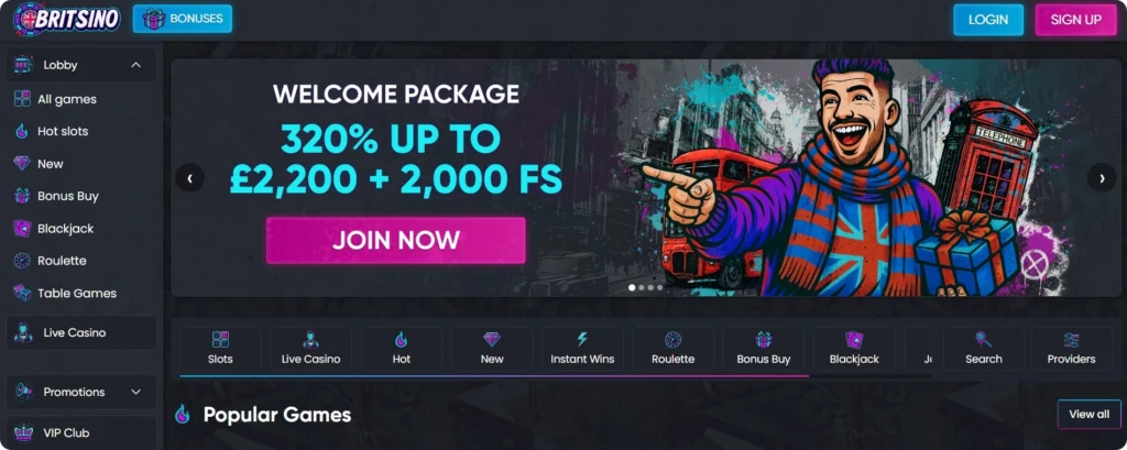 Britsino Casino homepage screenshot