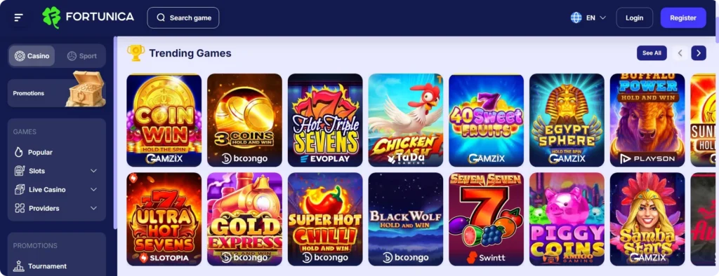 Fortunica Casino homepage screenshot