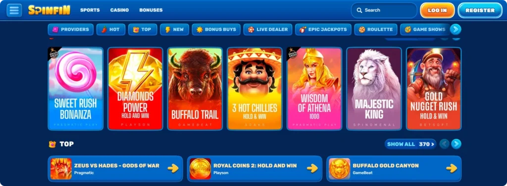 Spinfin Casino homepage screenshot